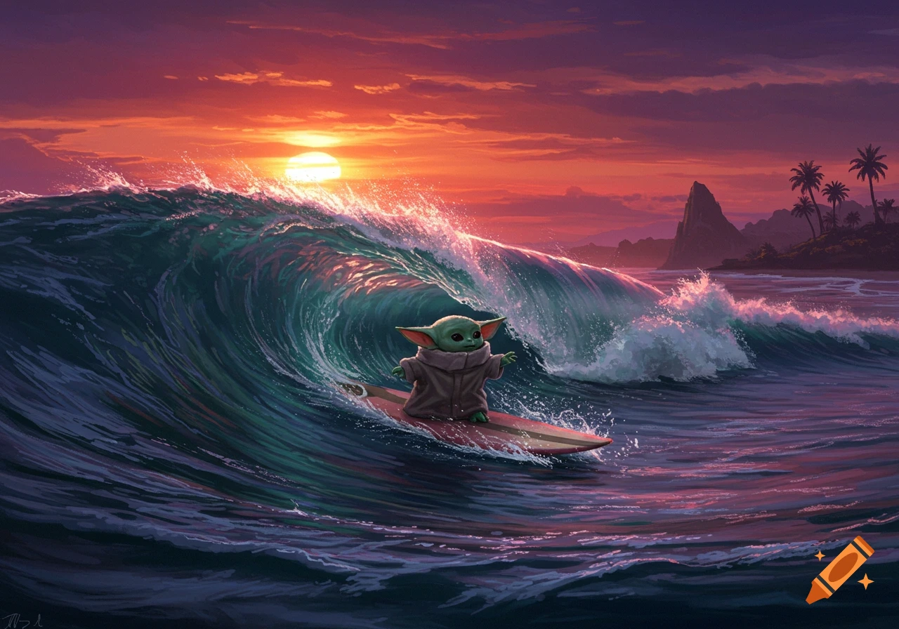 Grogu surfing a large ocean wave at sunset, with a tropical island and palm trees in the background, digital painting.