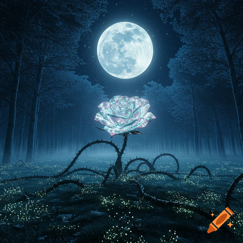 A glowing, iridescent rose with thorny vines in a misty, dark forest under a bright full moon at night.