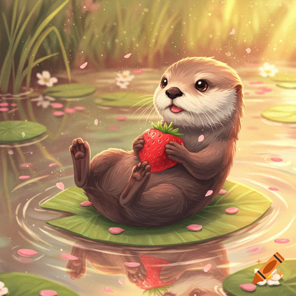 A cute cartoon otter floats on a lily pad in a pond, holding a strawberry. Pink petals float on the water under golden sunlight.