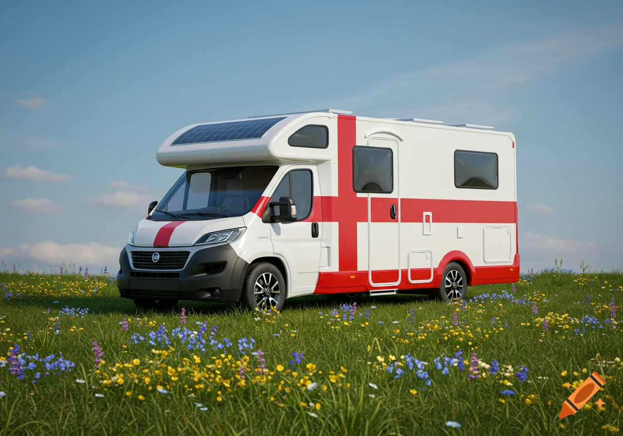 A modern white camper van with a red St George's cross design, solar panels on the roof, parked in a field of wildflowers under a blue sky.