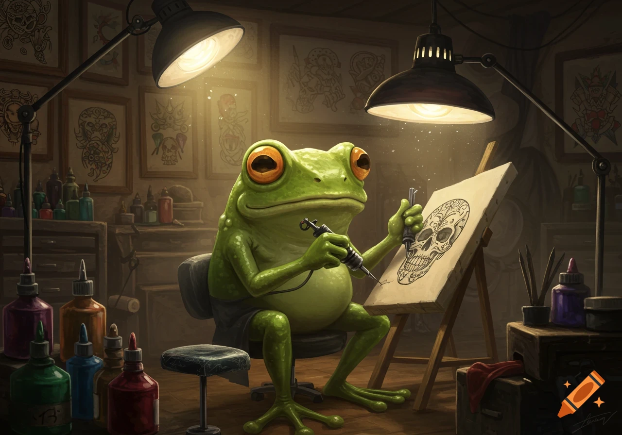 A green frog with big orange eyes sits in a chair, holding a tattoo machine and drawing a sugar skull on an easel in a dimly lit tattoo studio.