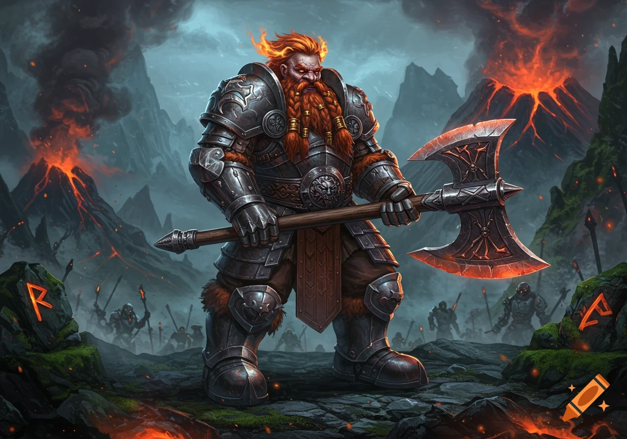 A photorealistic dwarf warrior in armor with red hair and braided beard holds a large battle-axe in a volcanic landscape.