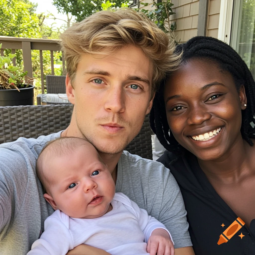 Selfie of a white man holding a baby, and an African woman smiling next to them on a patio.