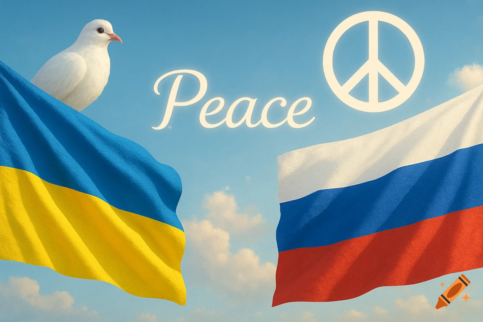 Ukrainian and Russian flags under a blue sky, with a white dove, a peace symbol, and the word 'Peace' in the center.