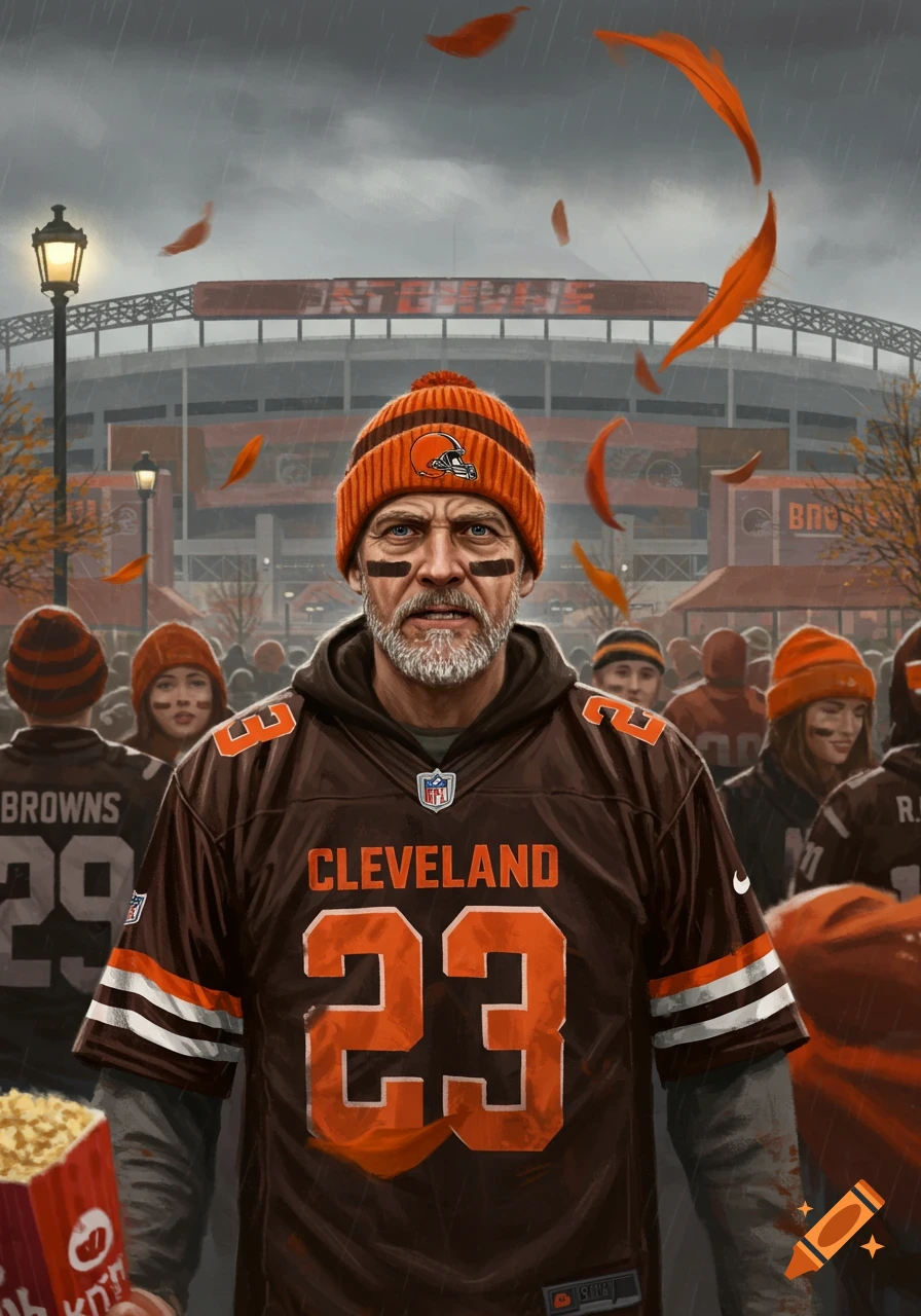 A grizzled Cleveland Browns fan in a jersey and beanie stands outside a stadium in the rain with falling orange leaves, digital art.