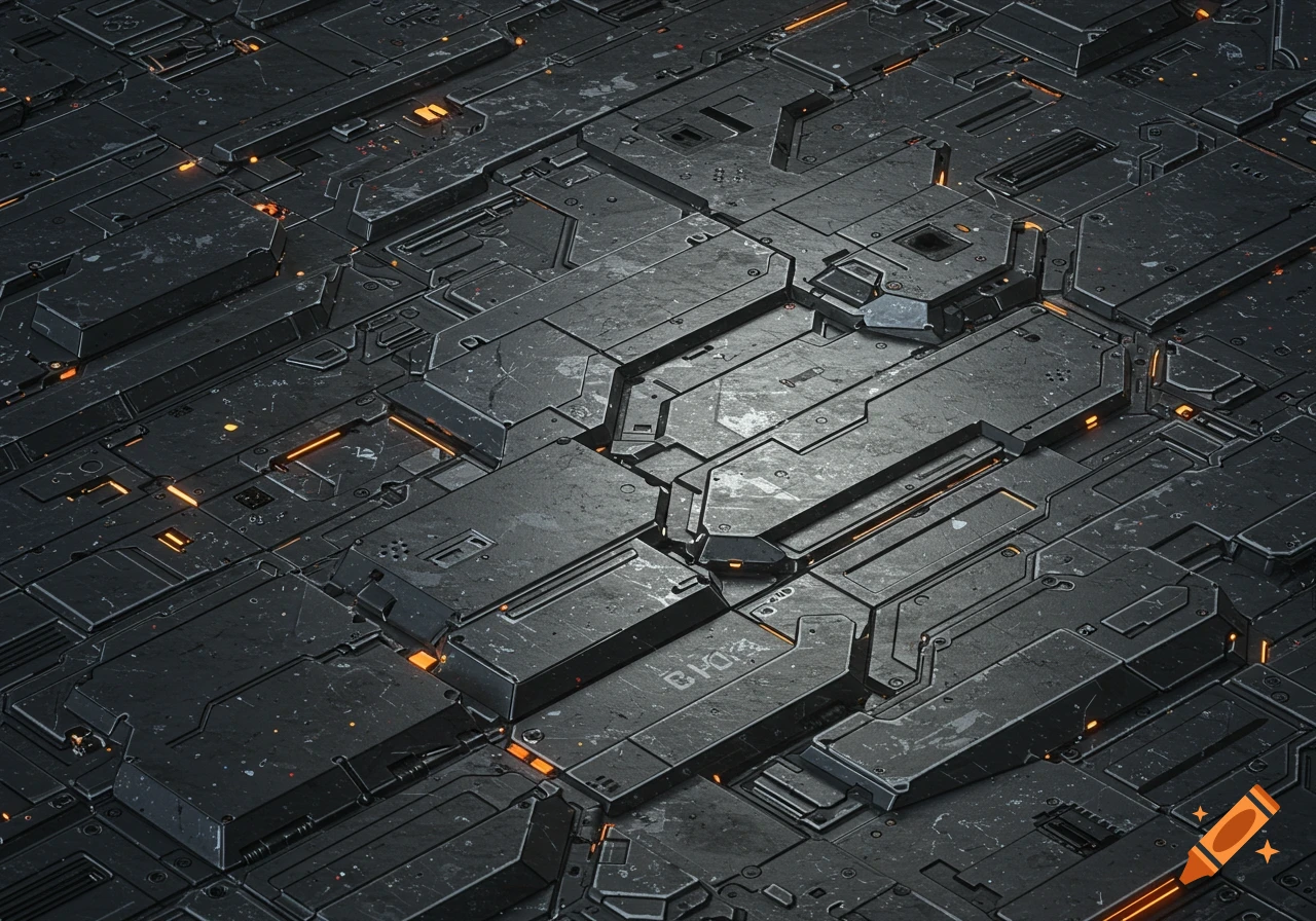 A detailed dark gray futuristic greeble surface with intricate metallic panels and glowing orange light accents.