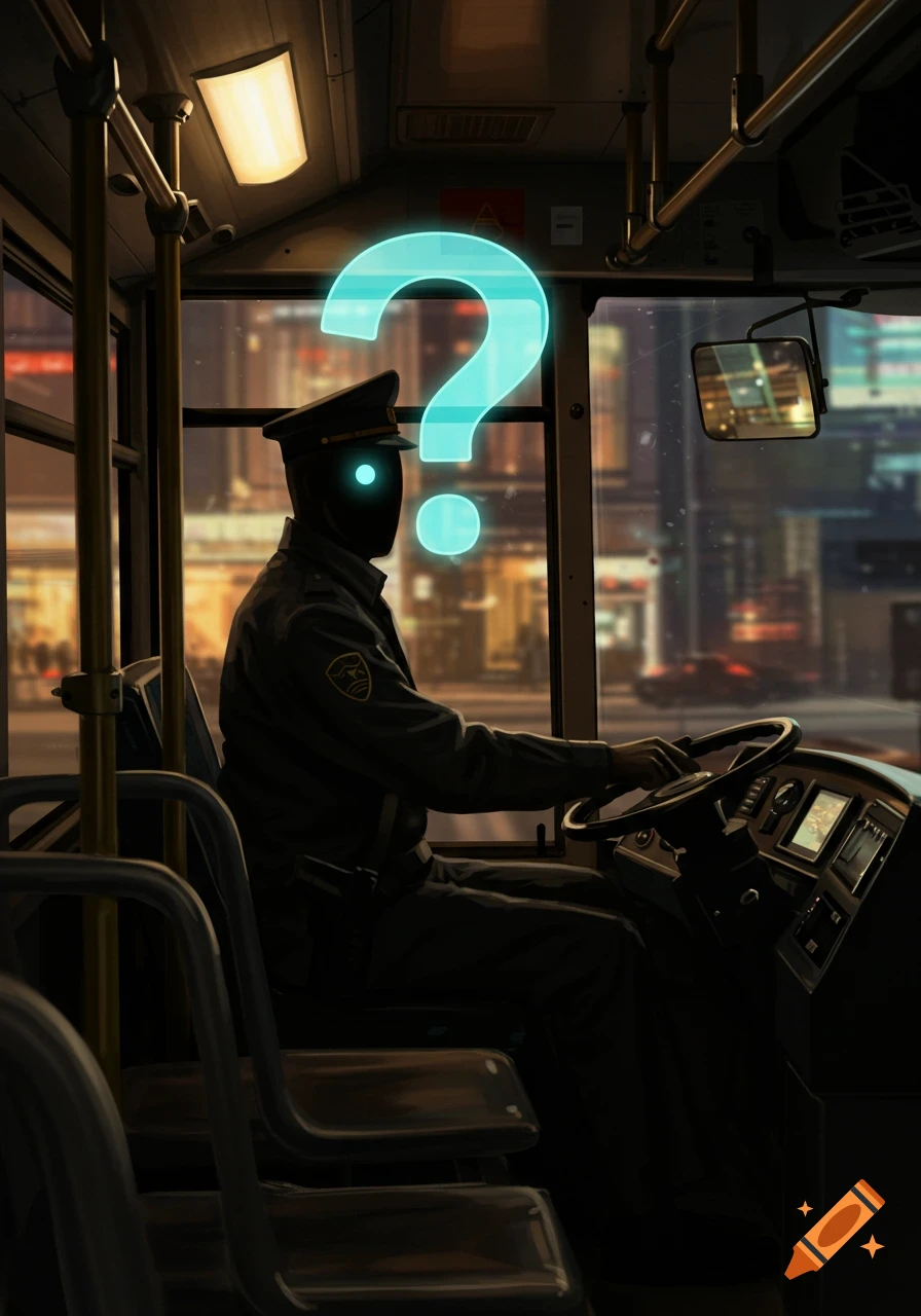 Digital illustration of an anonymous bus driver with a glowing blue question mark for a head, driving at night through a city.