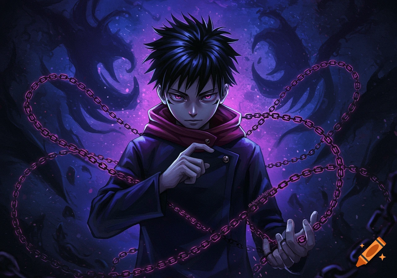 Anime boy with spiky black hair, glowing purple eyes, dark coat, red hoodie, surrounded by glowing pink chains on a shadowy purple background.
