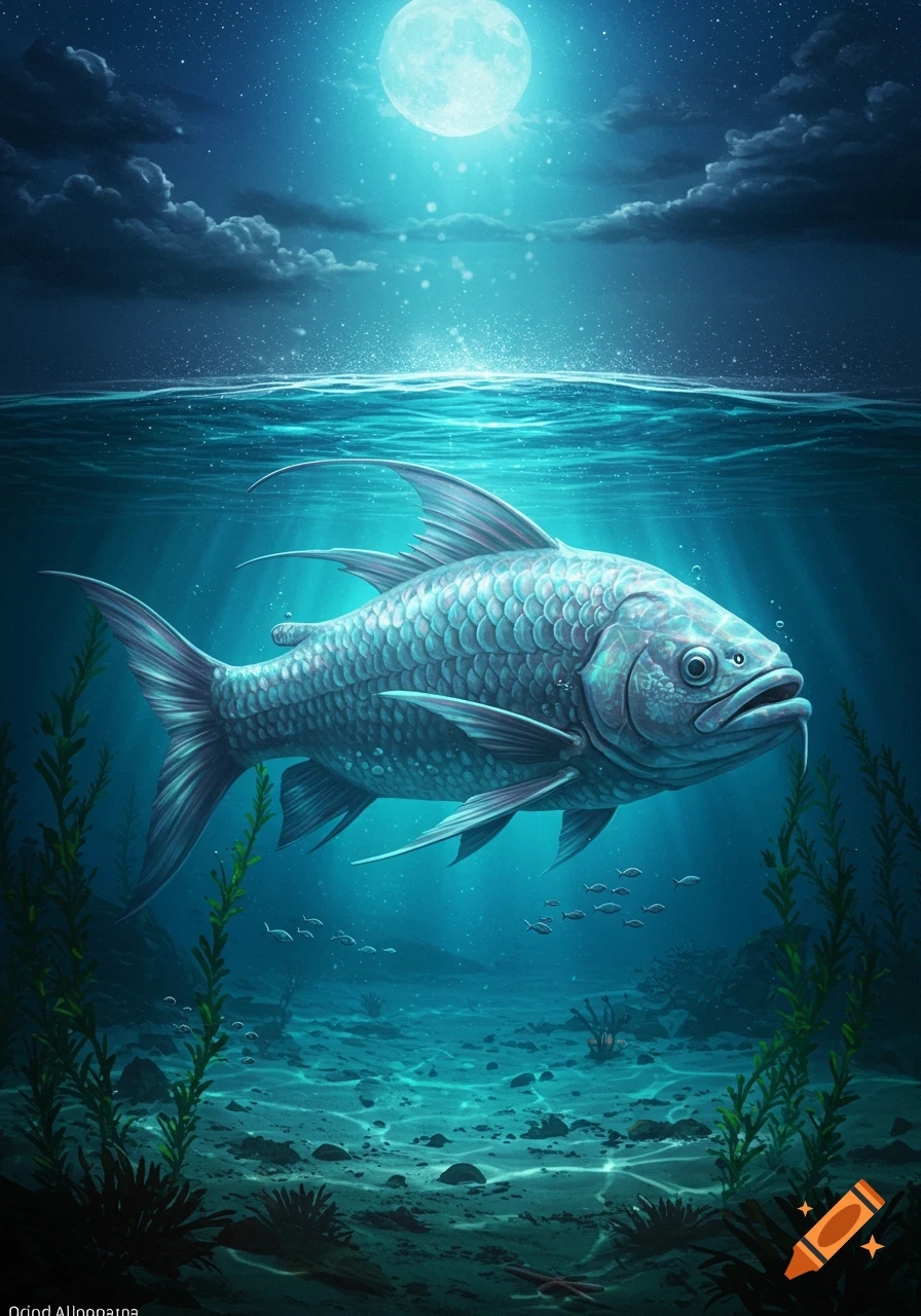 Large, silver-scaled fish with barbels swims in a moonlit underwater scene with smaller fish and green plants on the seafloor.
