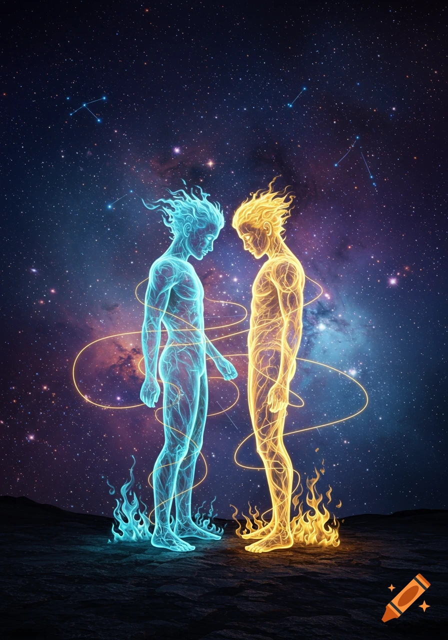 Two glowing ethereal human figures, one blue and one gold, stand facing each other on a rocky surface under a starry cosmic sky, connected by light trails.