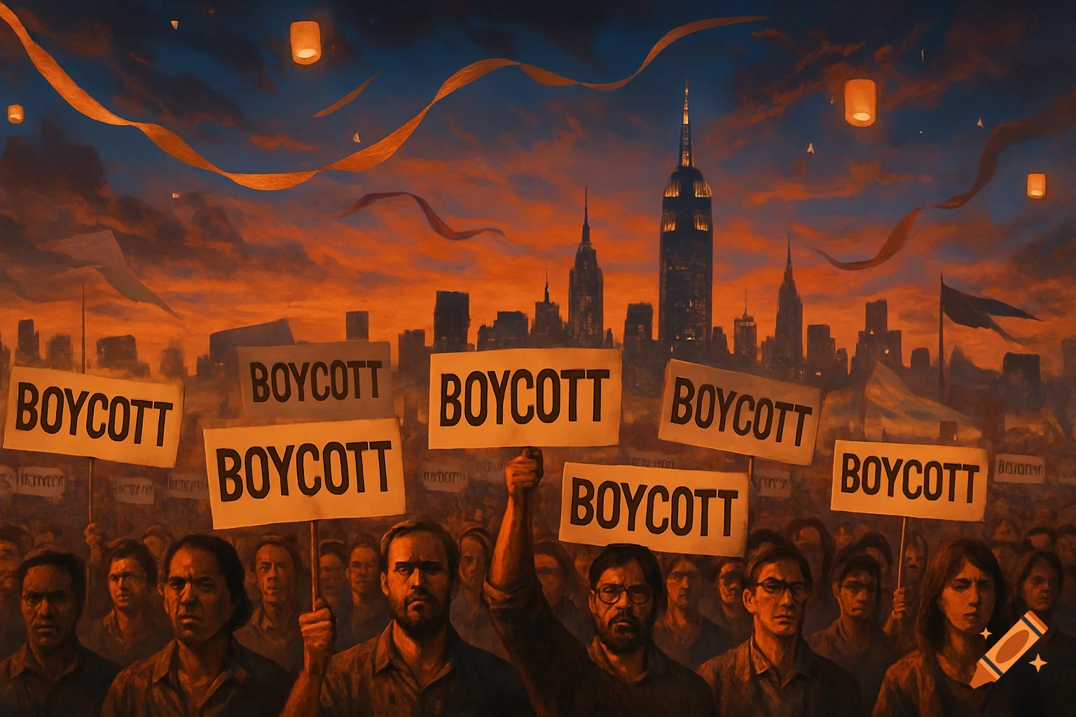 Digital painting of a crowd holding 'BOYCOTT' signs during a protest in a city with skyscrapers, under an orange and blue sky with lanterns.