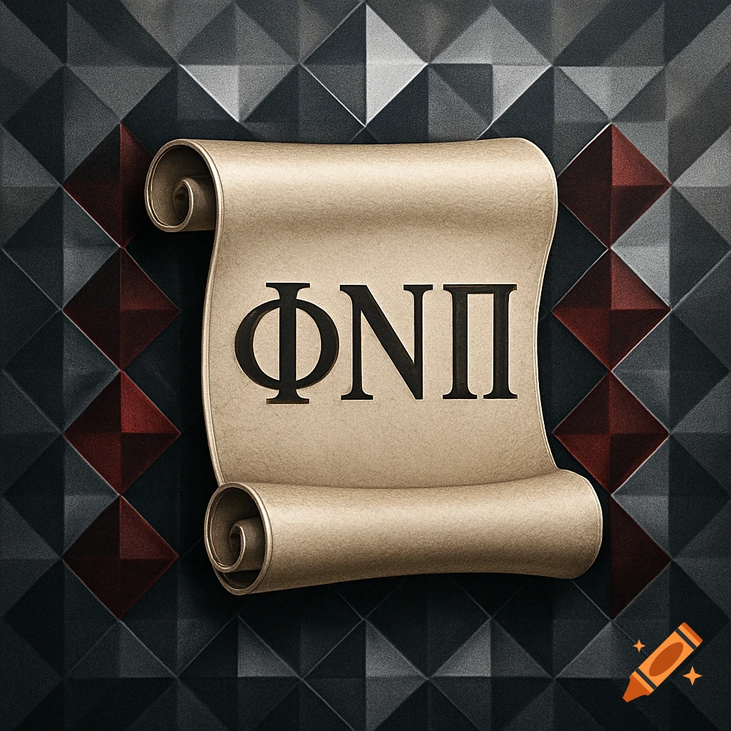 Beige scroll with Greek letters extPhi extNu extPi on a dark, geometric diamond background with red accents.