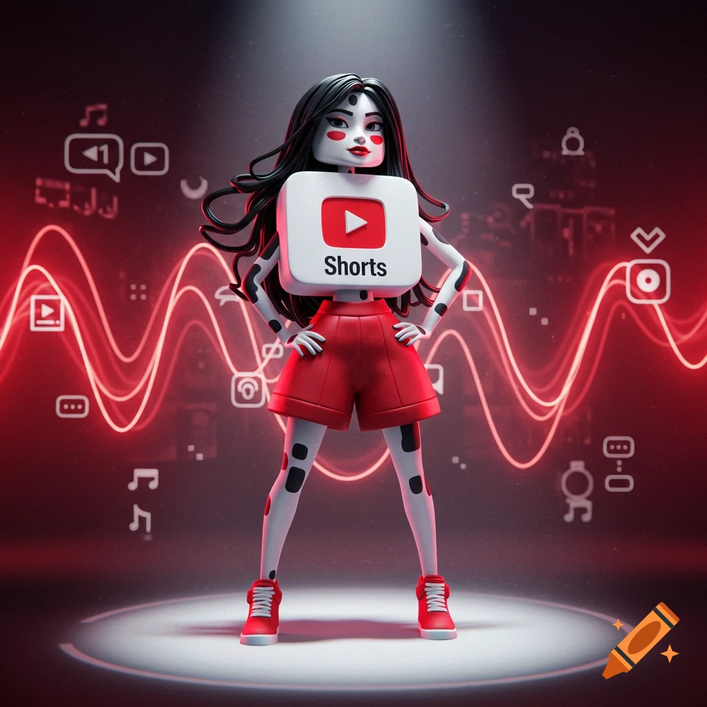 A 3D rendered female character in red shorts with the YouTube Shorts logo on her chest, black hair, standing against a red neon wave background.