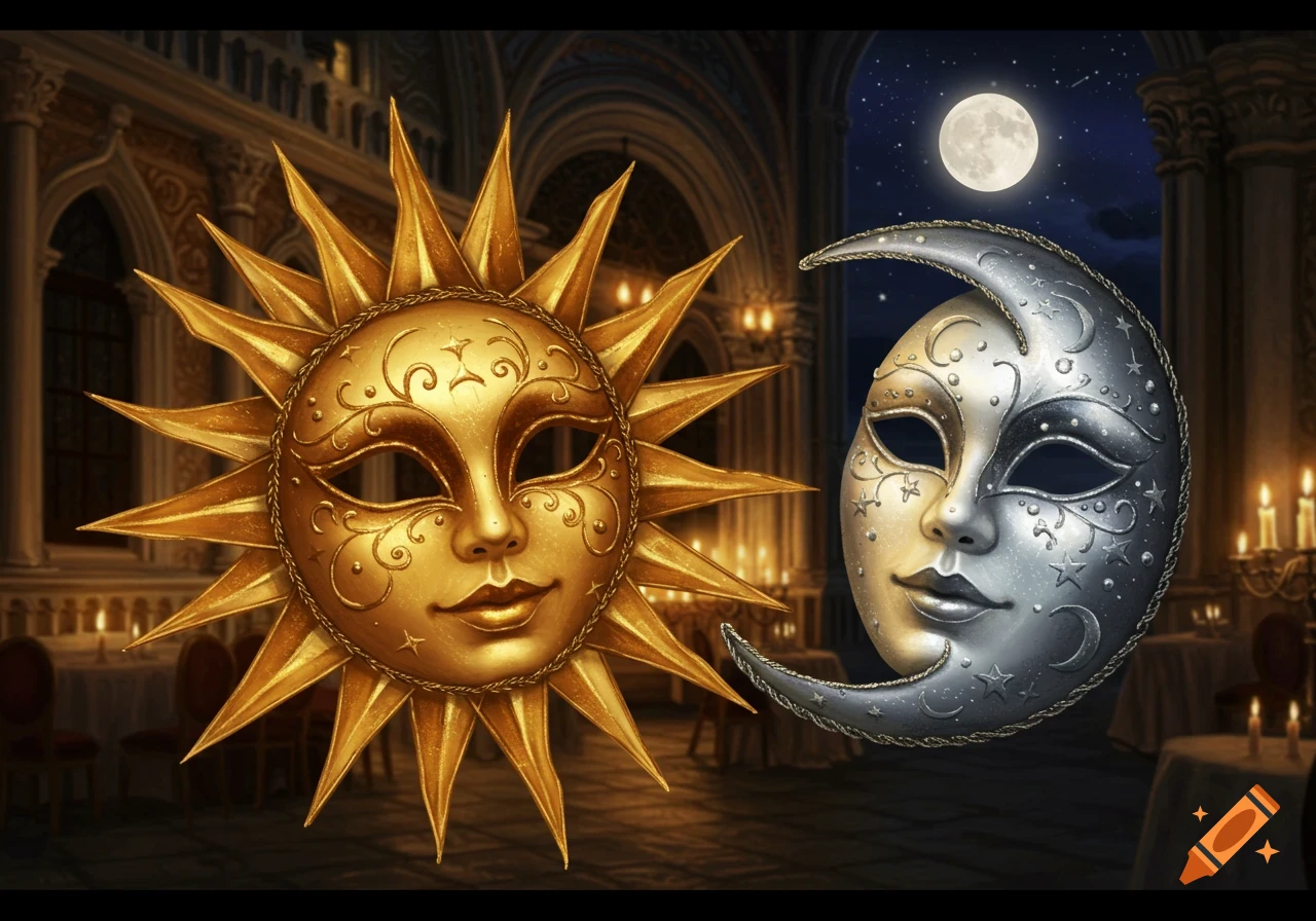 Detailed golden sun mask and silver moon mask against a split background of an opulent hall and a starry night sky.
