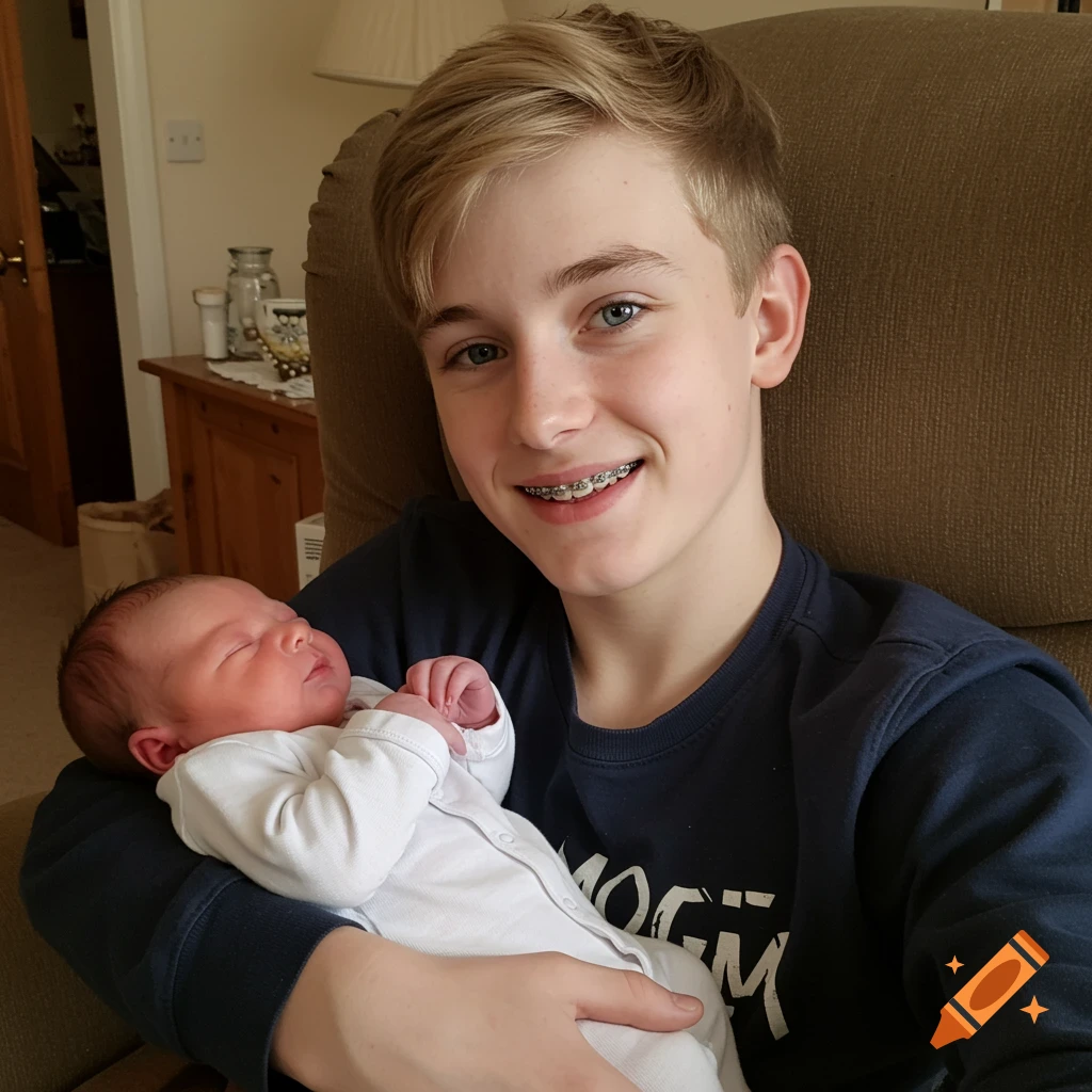 A smiling blonde teenage boy with braces holds a sleeping newborn baby in a white onesie in a cozy indoor setting.