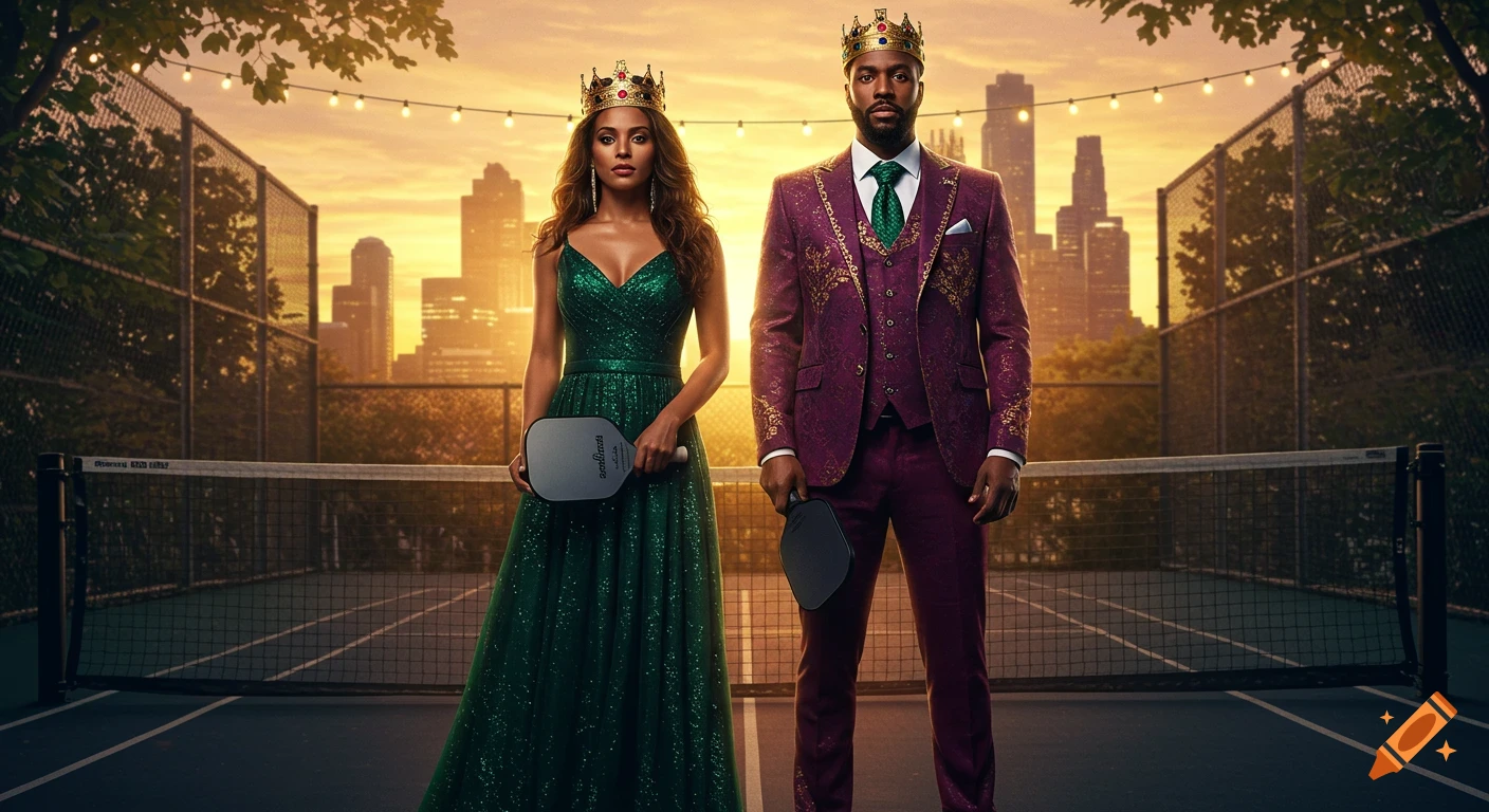 A man and a woman wearing crowns and elegant formal wear stand on a tennis court holding pickleball paddles at sunset.