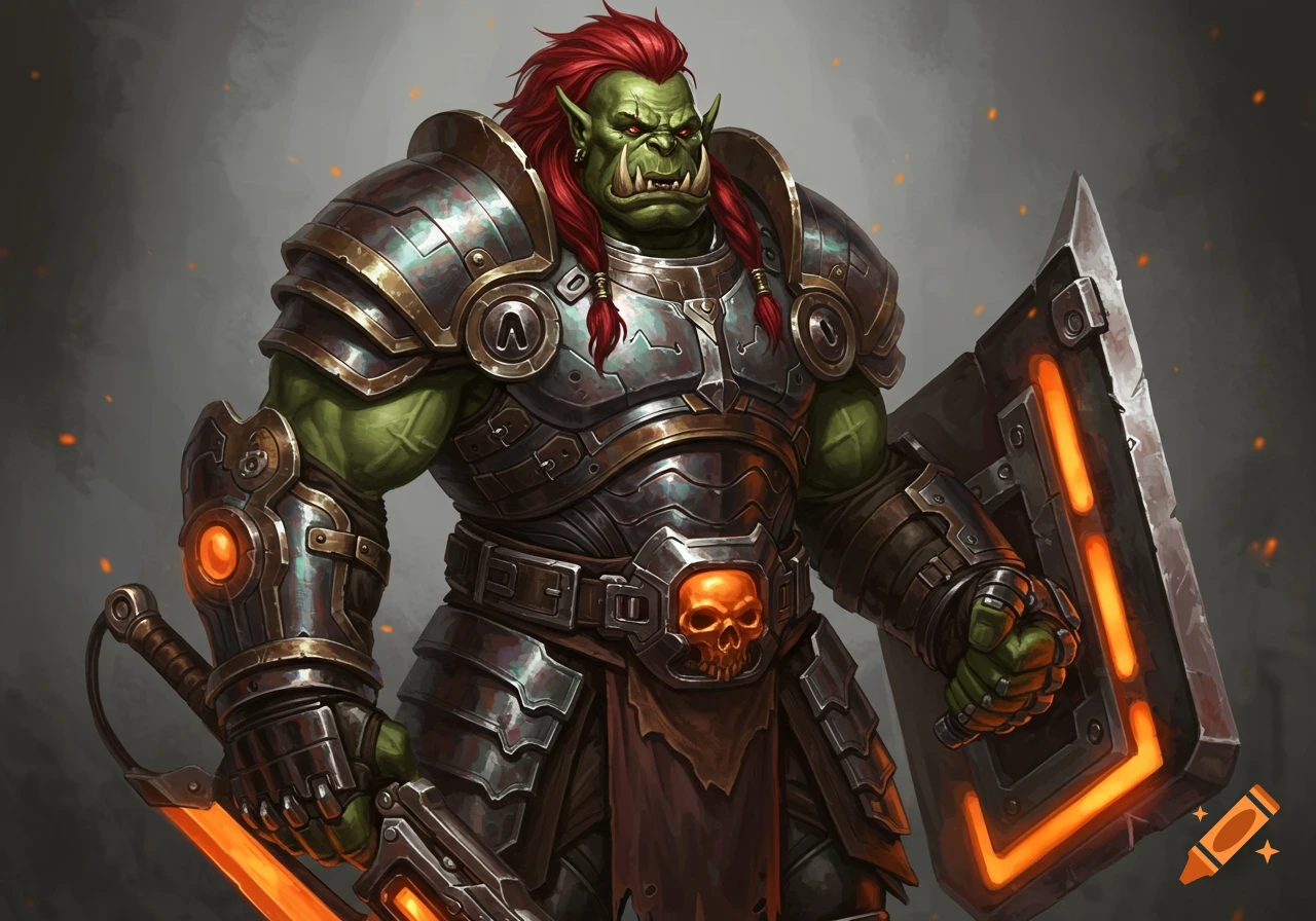 A muscular, green-skinned orc with red hair and tusks in futuristic plate armor, holding a glowing shield and bladed gauntlet.