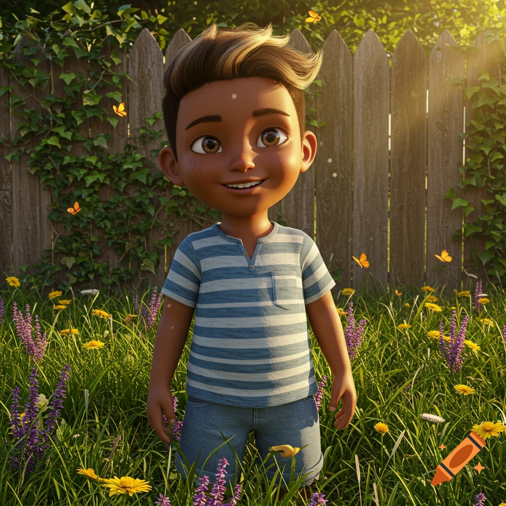 A smiling tan cartoon boy with blonde highlights stands in a sunny field of wildflowers with butterflies, in front of a wooden fence.