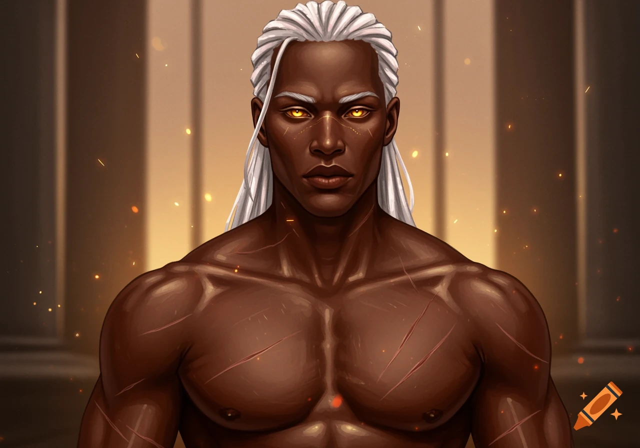 A muscular man with dark skin, white braided hair, golden eyes, and scars on his chest, in a fantasy art style.