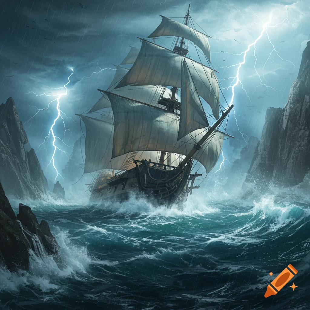 A sailing ship battles a fierce storm between rocky cliffs, with lightning striking from dark, rainy clouds.