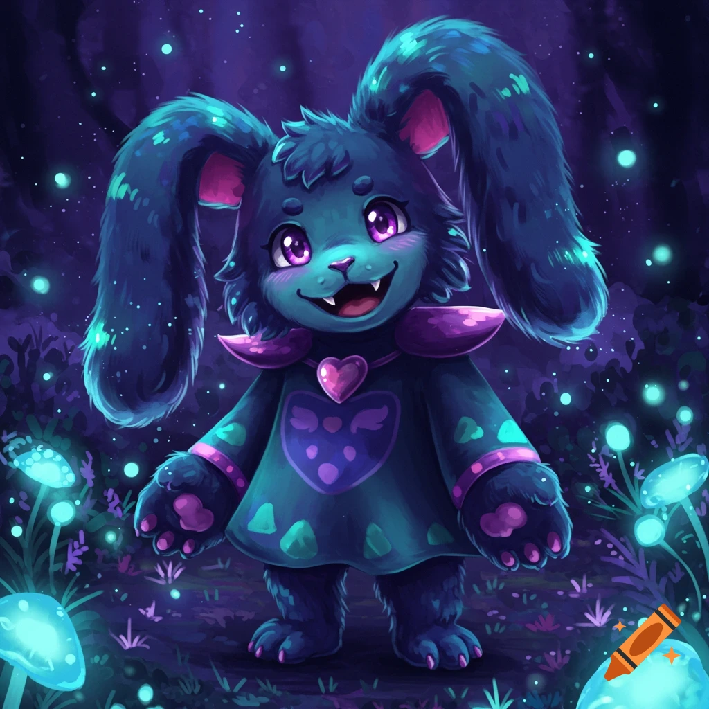 A cute, fluffy blue-green bunny-like monster with big purple eyes and small fangs, wearing a heart-emblazoned tunic, in a glowing dark forest.