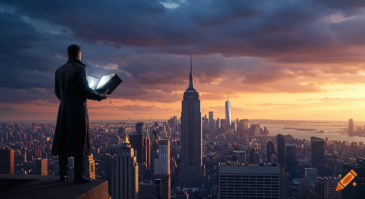 A man in a black coat stands on a rooftop, holding a glowing book, overlooking a dramatic New York City skyline at sunset.