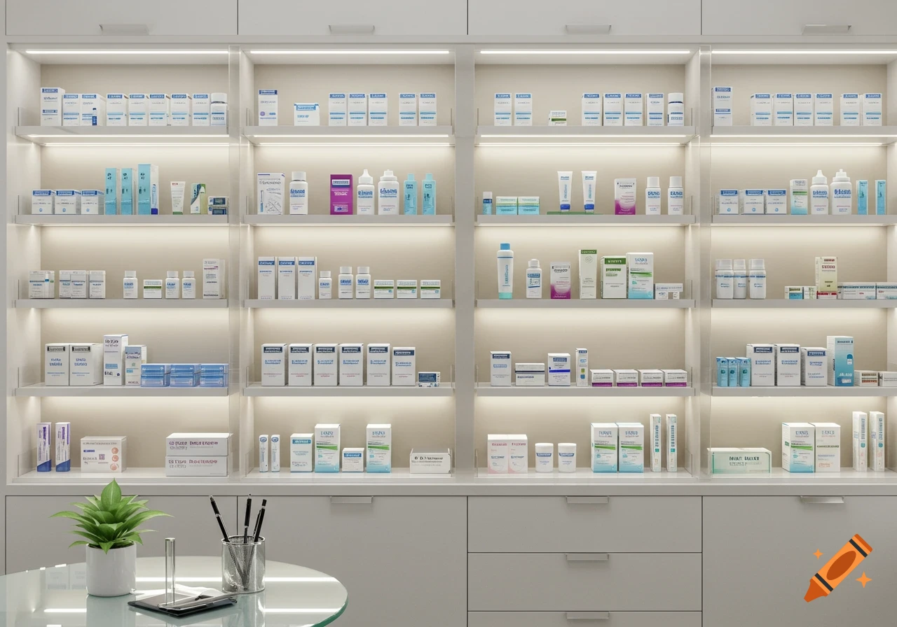 Photorealistic image of a brightly lit display shelving unit filled with various pharmaceutical samples in a dermatologist office.