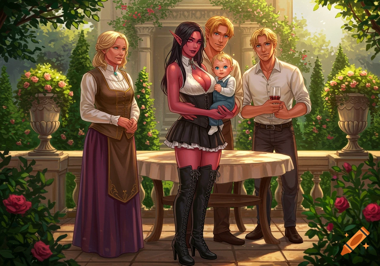 A red-skinned female elf holding a baby, two blonde men, and a blonde woman stand in a lush garden setting.