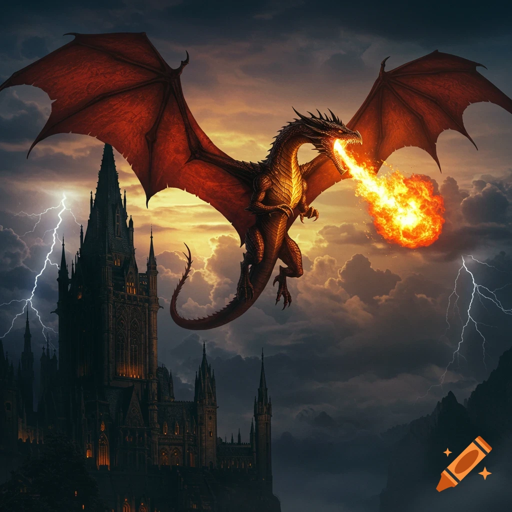 A majestic fire-breathing dragon flying above a dark, gothic castle with lightning in a stormy sky at sunset.
