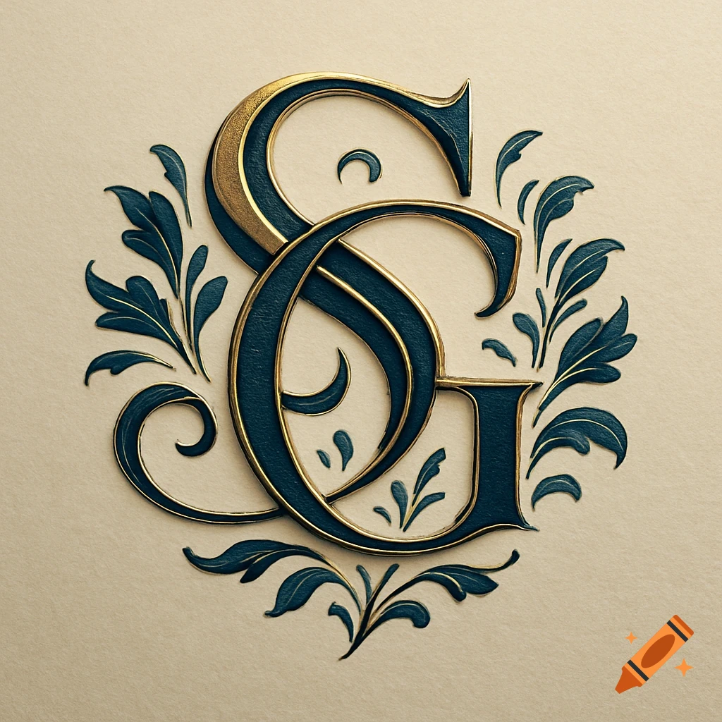 Elegant gold and teal monogram of the letters S and G, intertwined with decorative foliage, embossed on a light cream background.