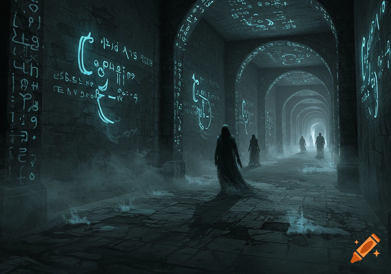 Hooded figures walk through a dark, misty stone corridor with glowing ancient symbols on the walls and arched ceiling.