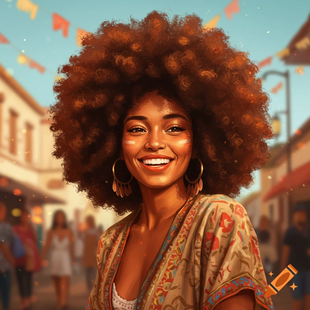 A smiling woman with a large afro and hoop earrings, wearing a patterned top, stands in a festive street scene.