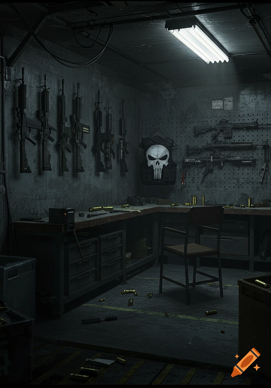 A dark, gritty armory with many rifles on the walls, a workbench with tools and bullet casings, and a tactical vest with The Punisher skull.