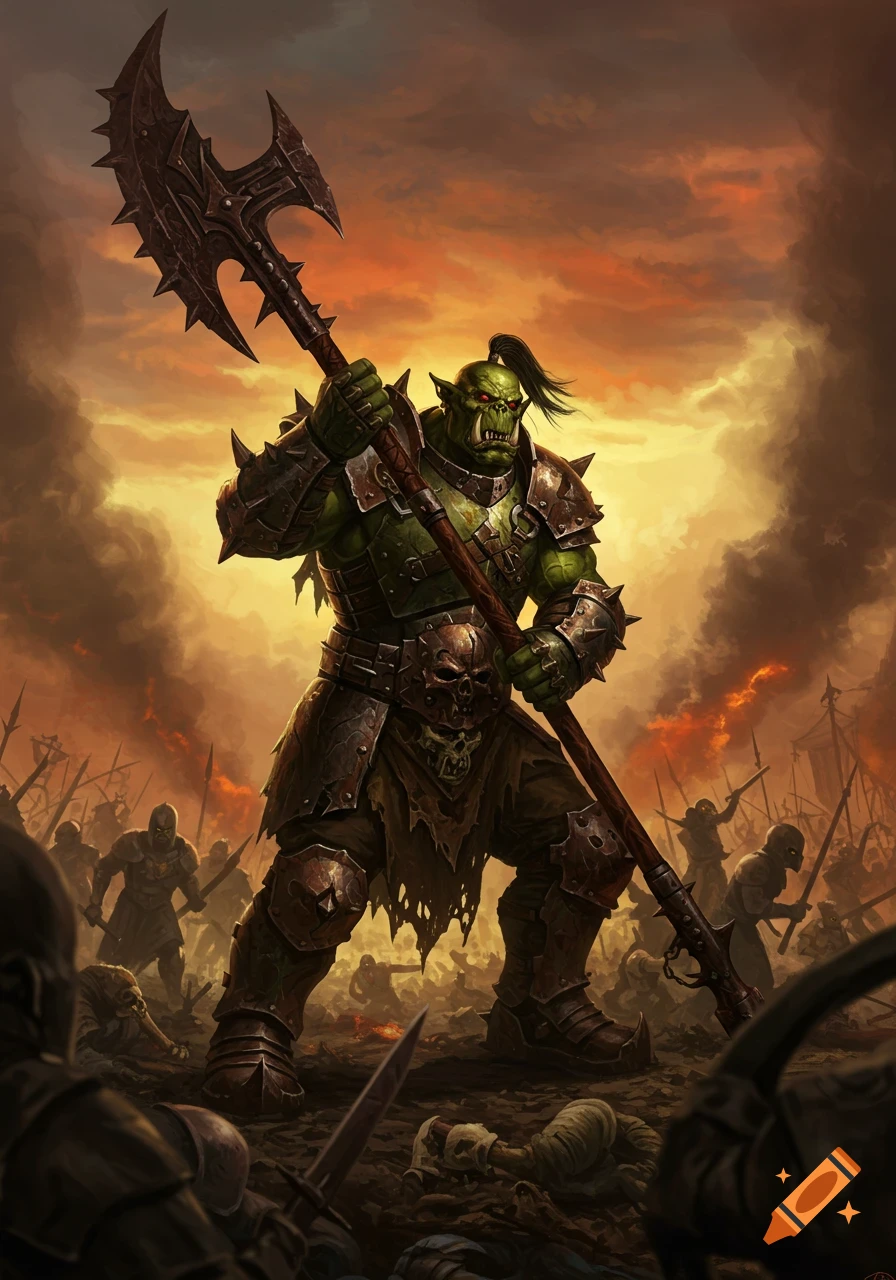 A formidable orc warrior in spiked armor with a huge double-bladed axe stands on a chaotic battlefield at sunset.