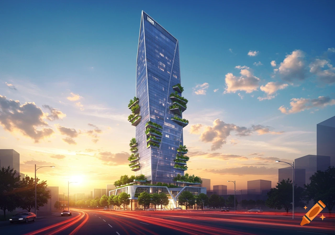 Photorealistic rendering of a modern, green skyscraper at sunset with light trails on a highway in the foreground.