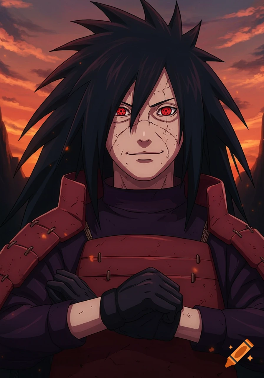 Anime portrait of Madara Uchiha with spiky black hair, red Sharingan eyes, and samurai armor against a fiery sunset.