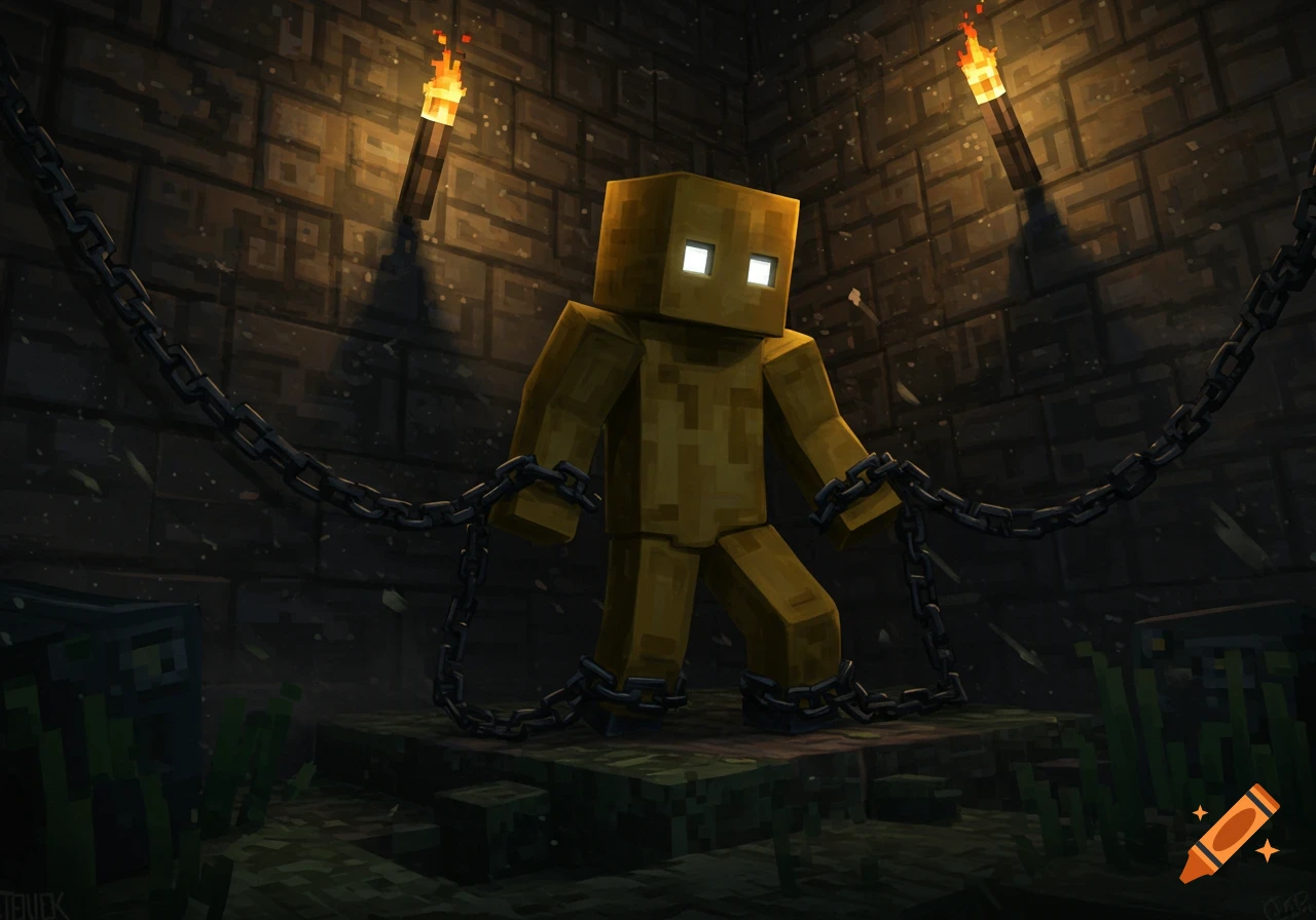 A blocky golden figure with glowing eyes, resembling Minecraft's Herobrine, is chained in a dark dungeon lit by torches. Pixel art style.