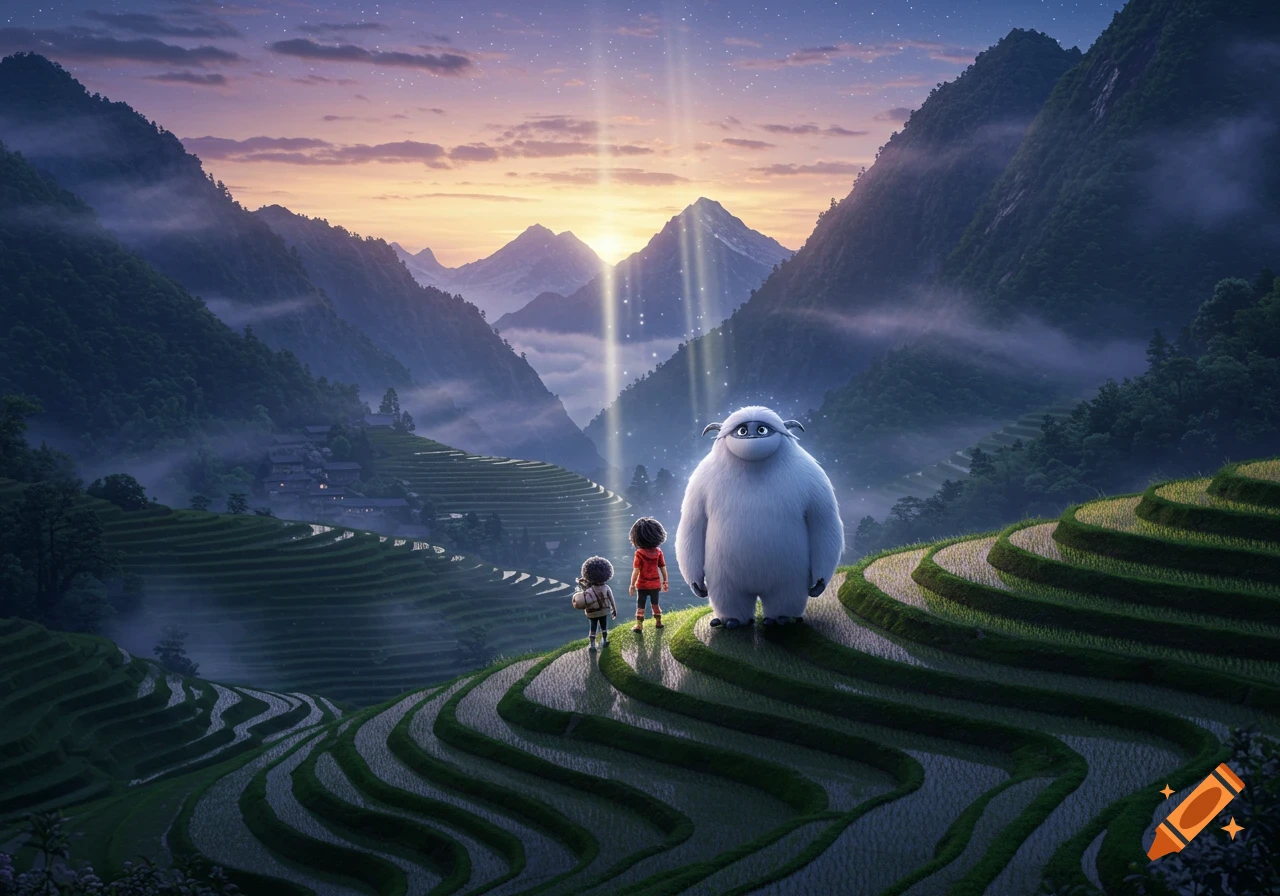 A large white yeti and two small children stand on terraced mountains, looking at a bright sunset with light rays in a misty valley.