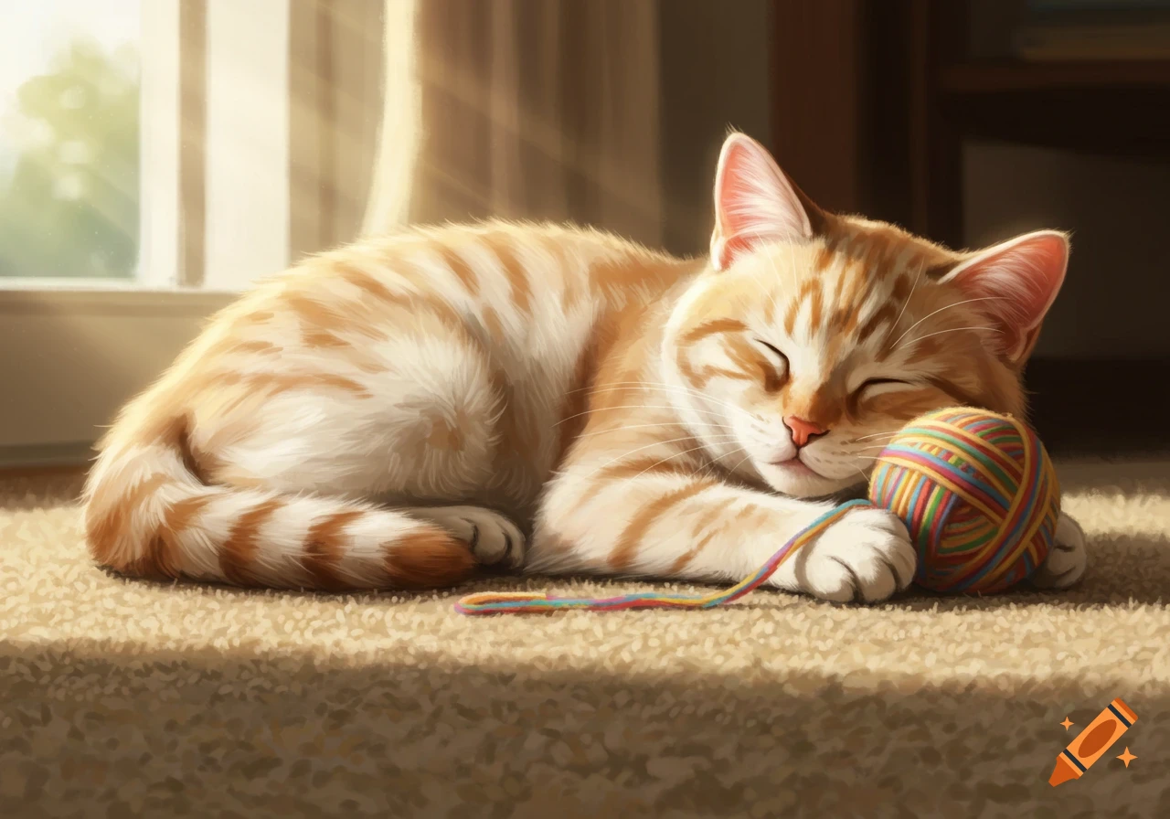 A cute orange and white tabby cat sleeps on a carpet, cuddling a colorful ball of yarn in warm sunlight from a window.