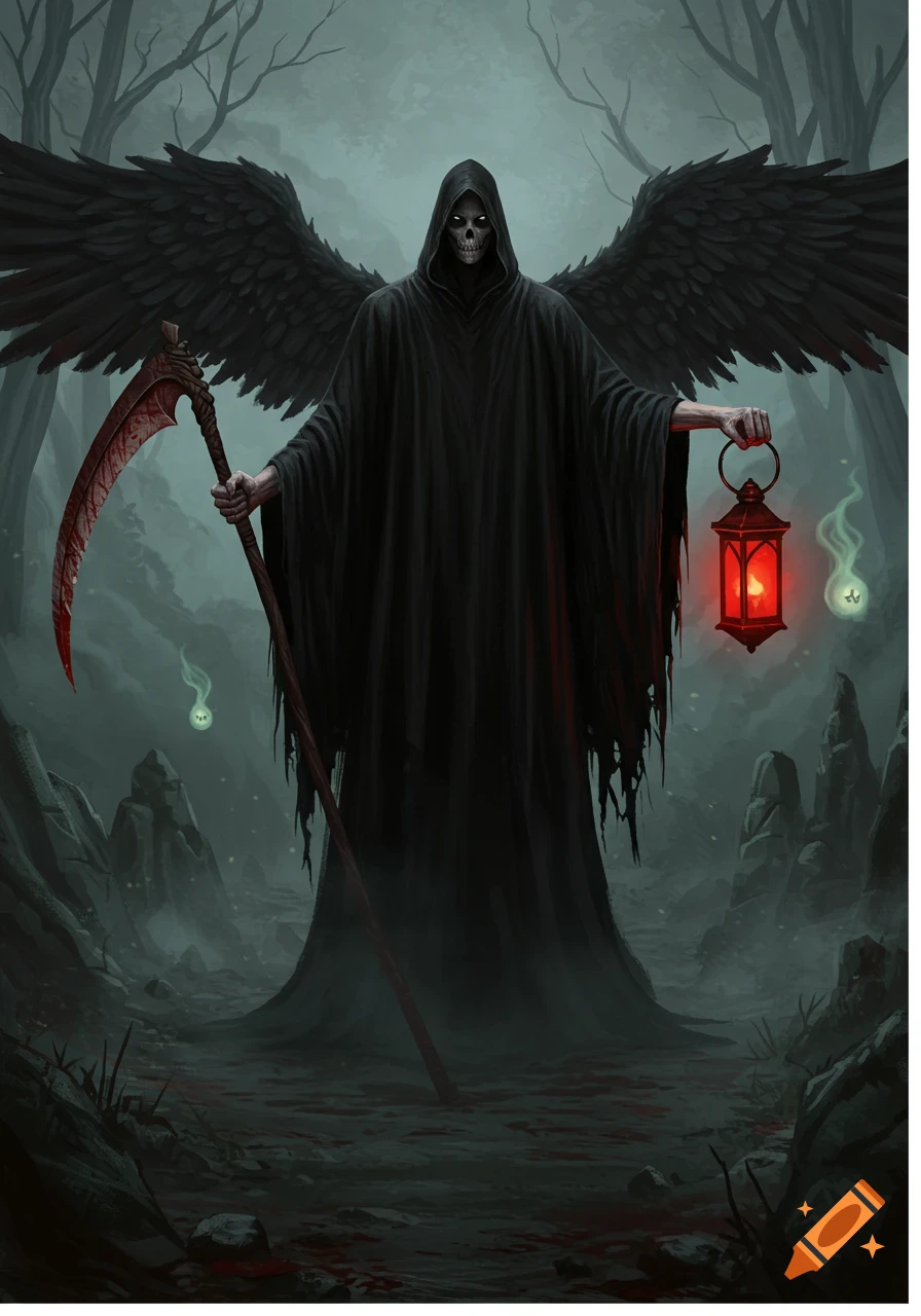 A winged Grim Reaper in a black cloak holds a bloodied scythe and a red lantern in a gloomy, misty forest. Dark fantasy art.