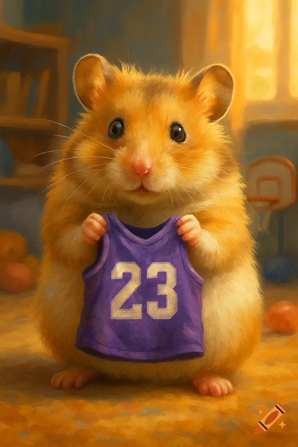 A fluffy golden hamster holds a purple basketball jersey with the number 23 in a warm room.