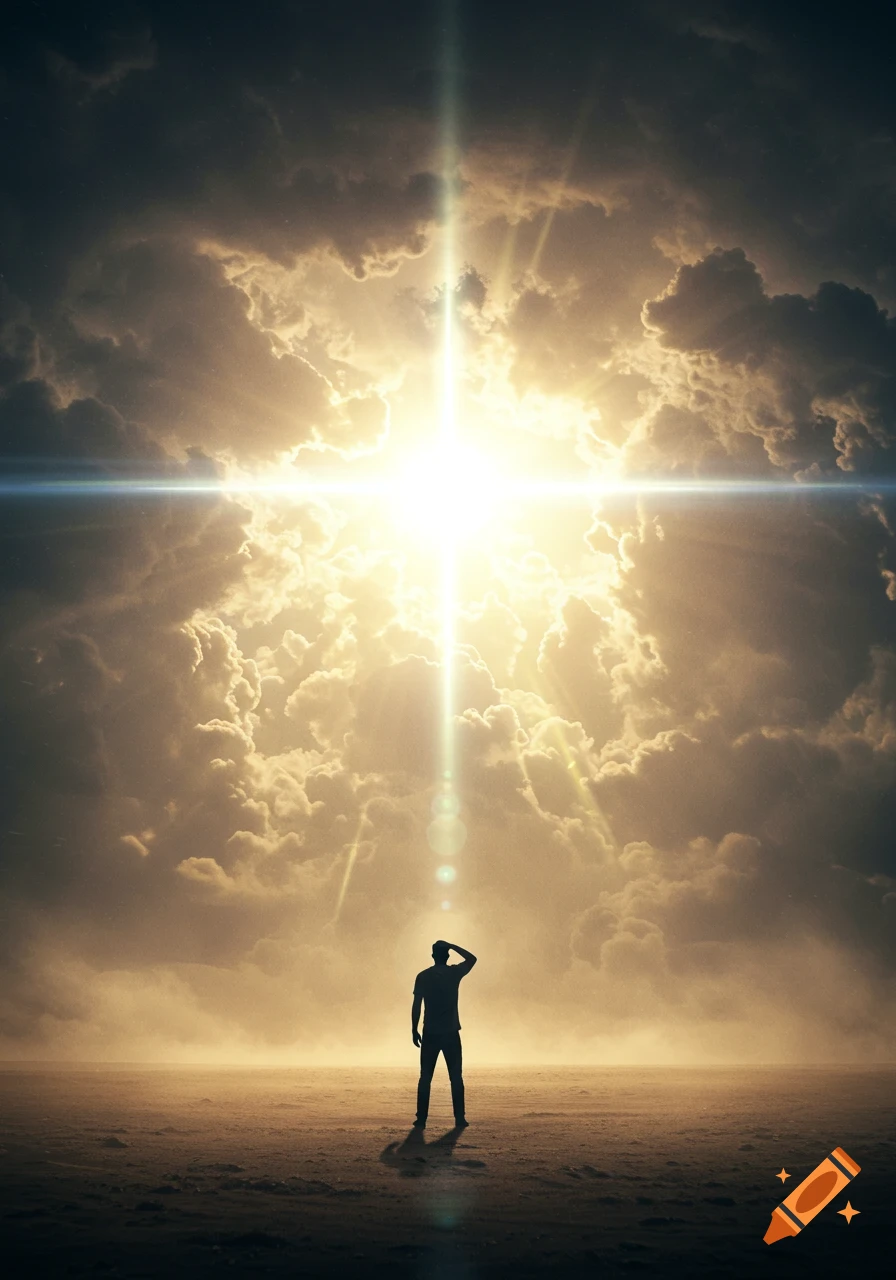 Silhouette of a man in a barren landscape, looking up at a blinding, cross-shaped light breaking through dramatic clouds in an epic cinematic style.