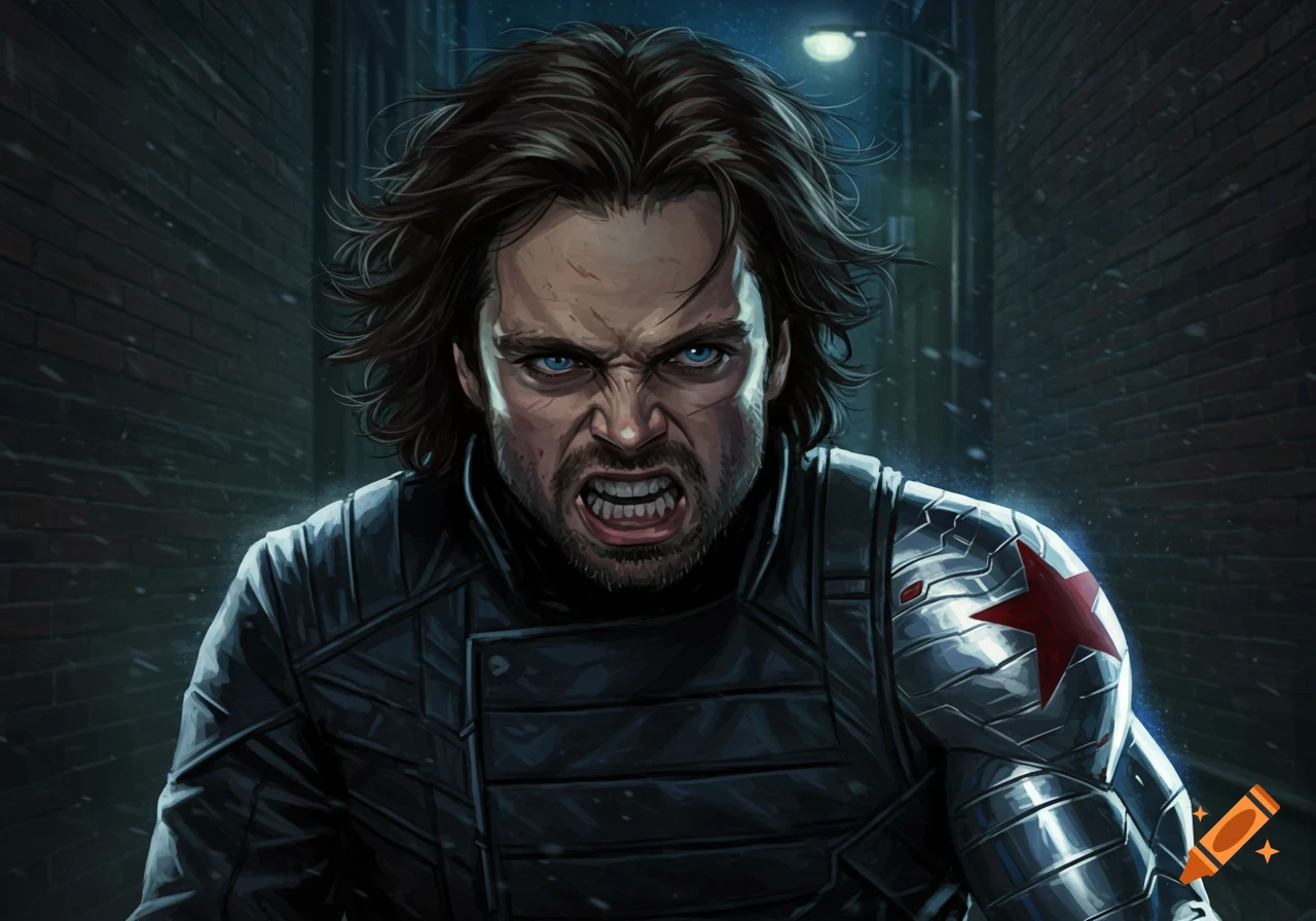 Intense Bucky Barnes snarling in a dark alley, wearing a dark suit and metal arm with a red star. Comic art illustration.