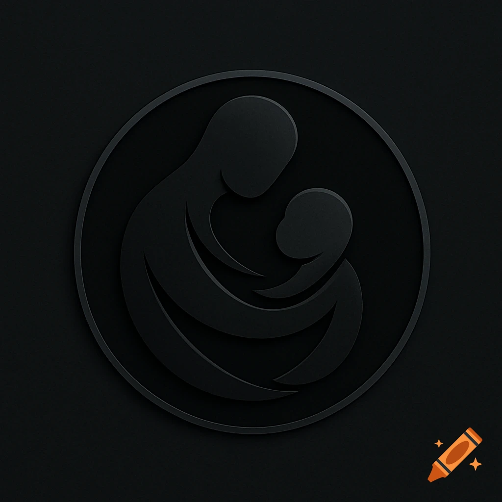 Abstract minimalist black logo depicting a parent embracing a child.