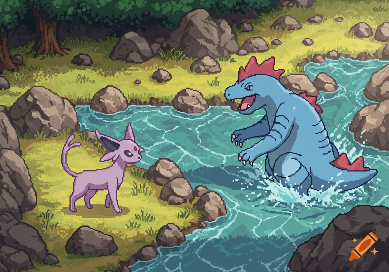 Pixel art of purple Espeon on a river bank facing a blue Feraligatr splashing in the water among rocks.