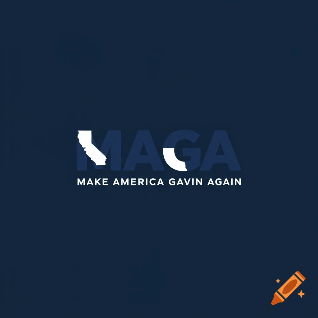 Dark blue logo with 'MAGA' featuring a white California silhouette as the 'M' and 'MAKE AMERICA GAVIN AGAIN' text.