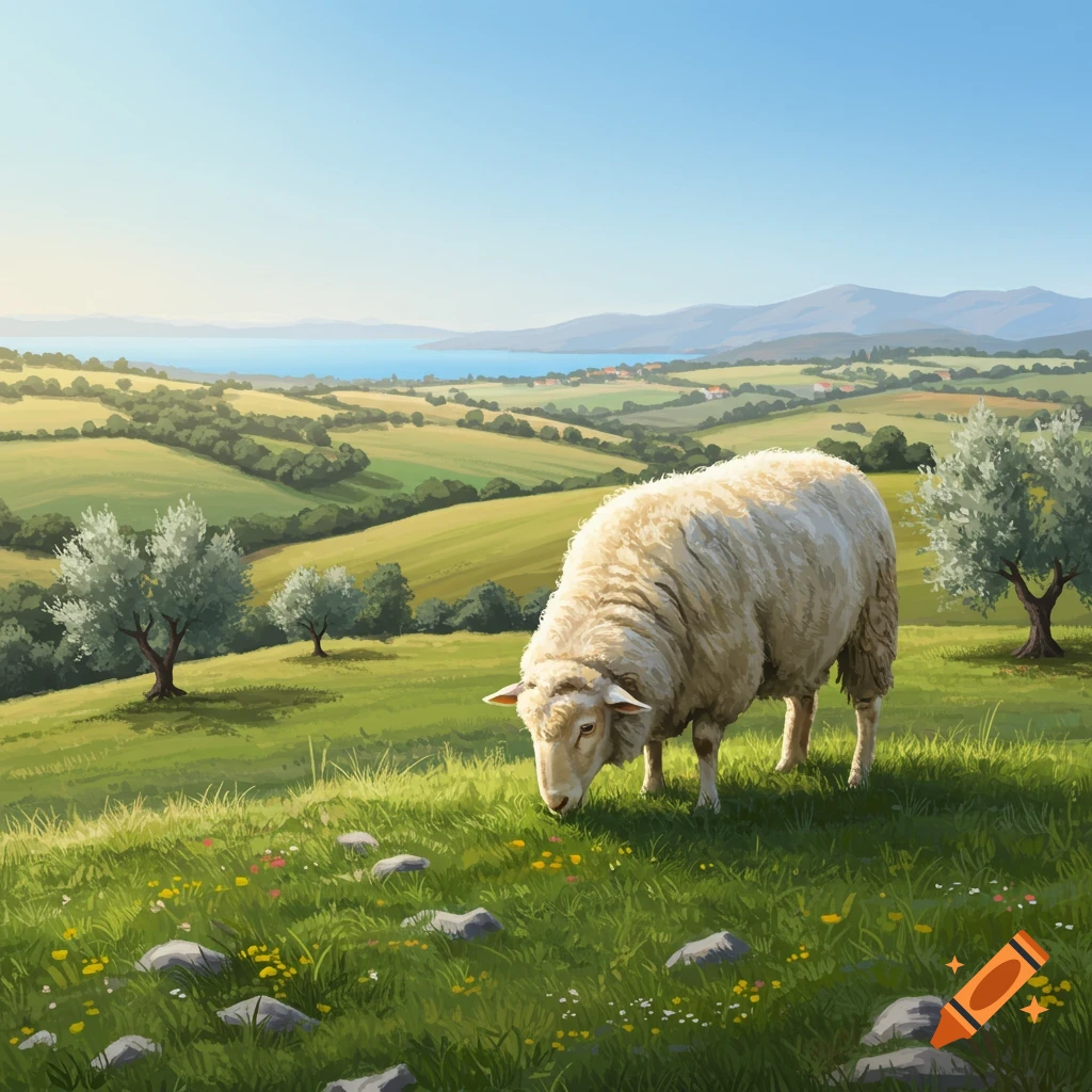 A fluffy white sheep grazes in a sunny green field with olive trees, overlooking a blue lake and distant hills in an illustrative style.