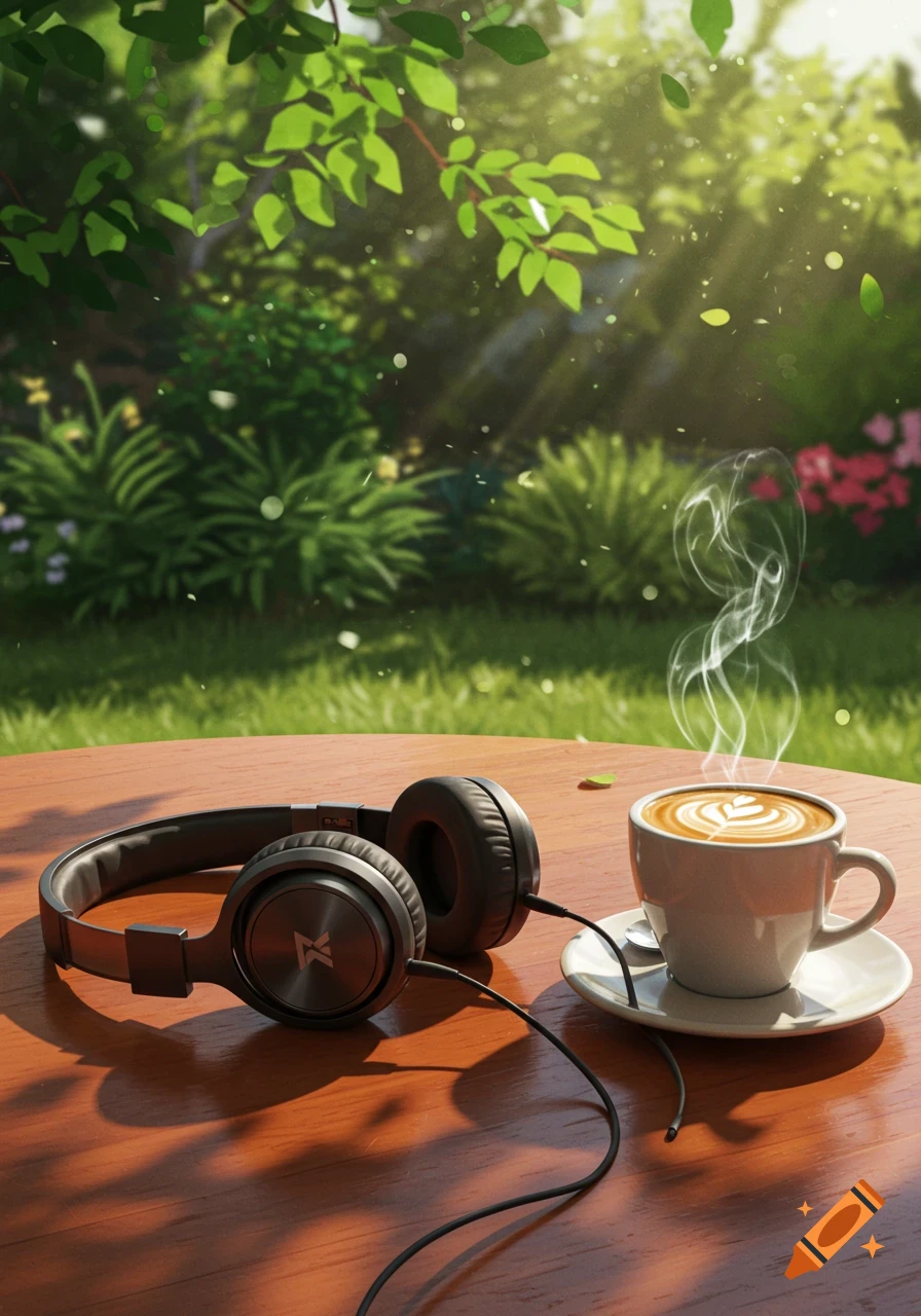 Black headphones and a steaming cup of coffee with latte art on a wooden table in a sunny garden.