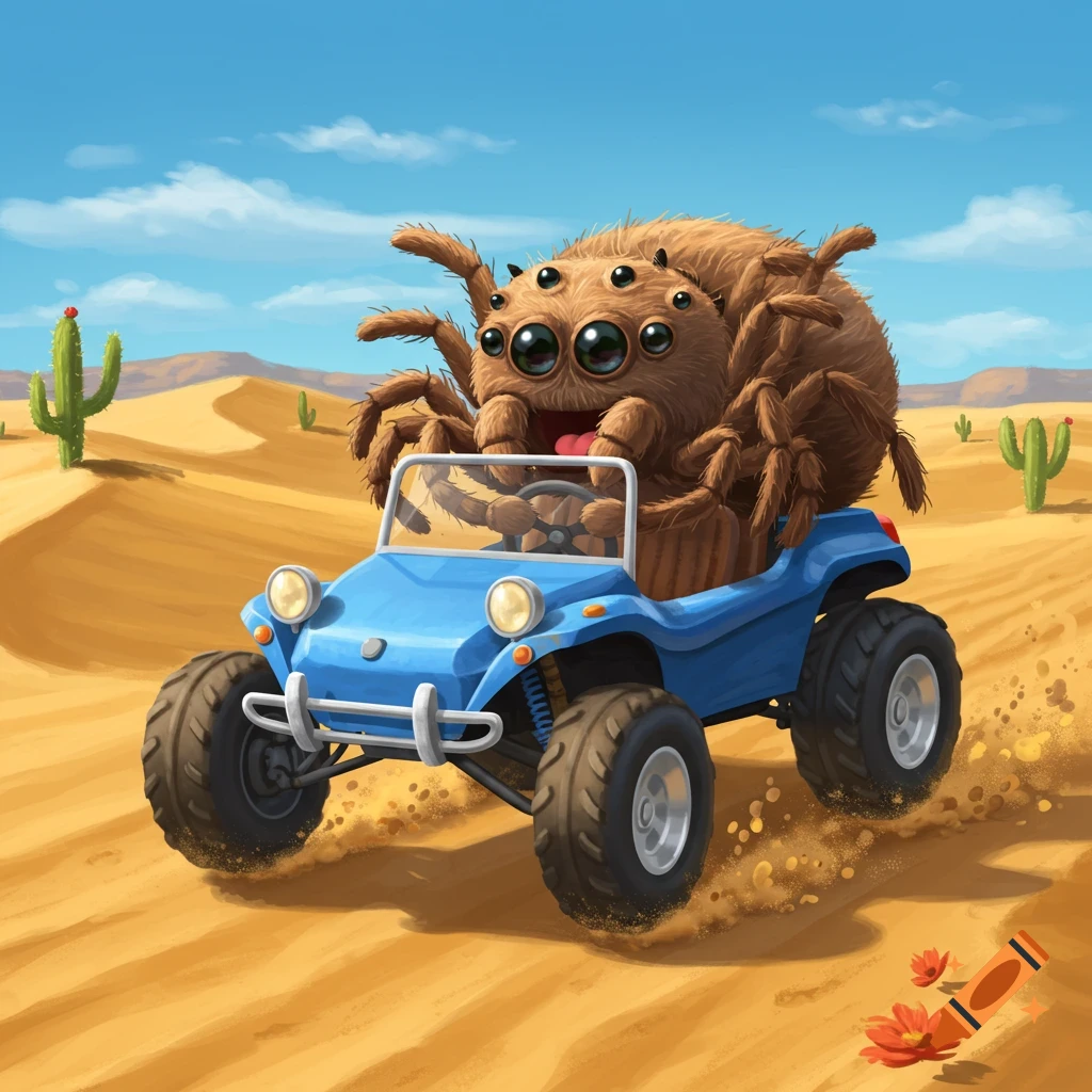 Cute cartoon spider driving a blue dune buggy through a sunny sandy desert with cacti, illustration style.