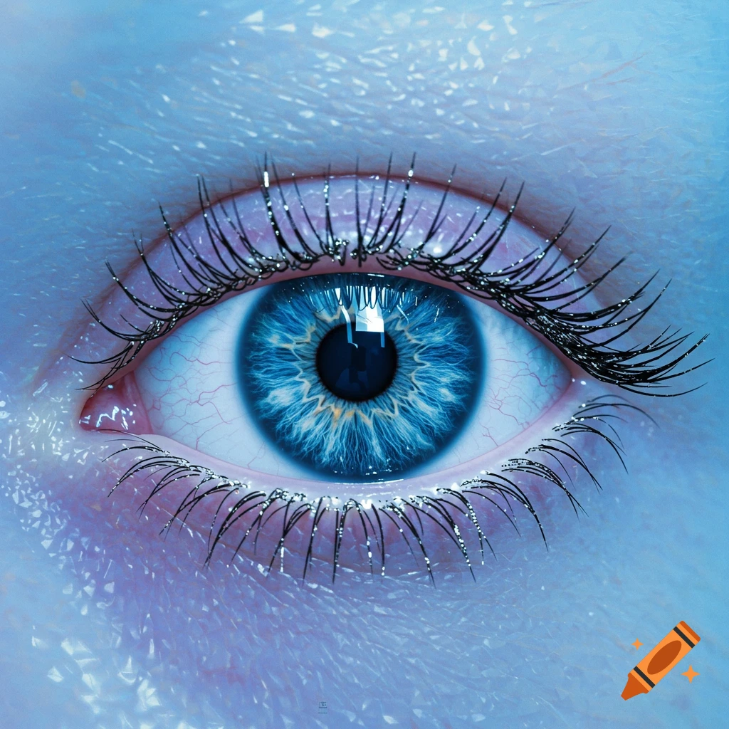 Close-up of a vibrant blue human eye with detailed iris and long eyelashes against a shimmering light blue background.